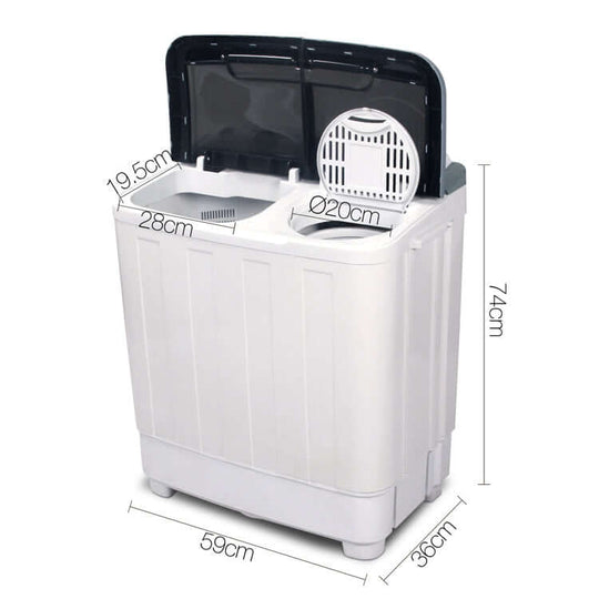 Devanti Portable Washing Machine Twin Tub 5KG White with dimensions 74cm height, 59cm width, 36cm depth, and measurements of tub openings.