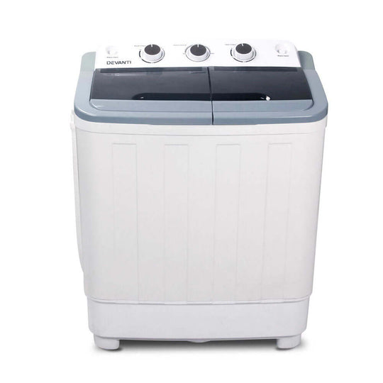 Devanti Portable Washing Machine Twin Tub 5KG White with simple knob control and large opening lid