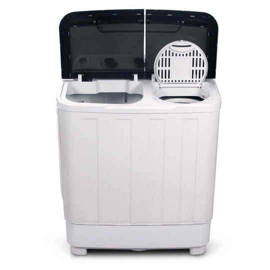 Devanti Portable Twin Tub Washing Machine 5KG White, open lid showing wash and spin tubs, lightweight with built-in handle.