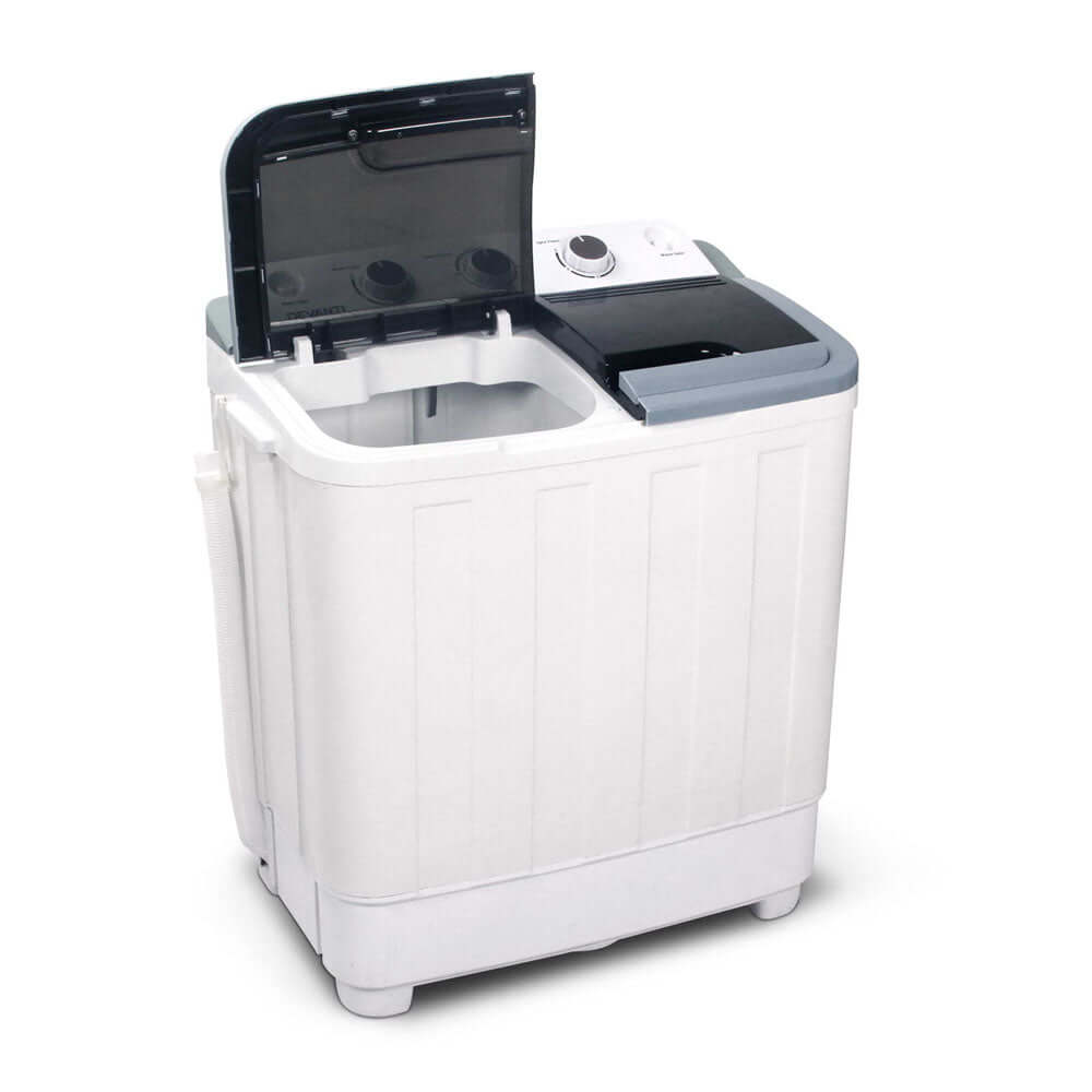 Devanti Portable Washing Machine Twin Tub 5KG White with open lid showing wash and spin tubs, perfect for space-saving and easy transportation.