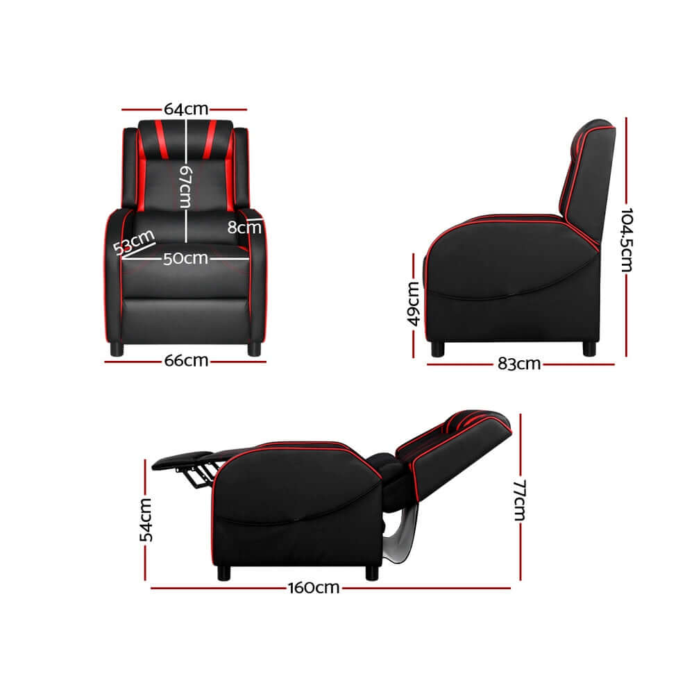 Artiss Gaming Recliner Chair dimensions with measurements for height, width, and angle for optimal comfort and style.