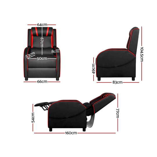 Artiss Gaming Recliner Chair dimensions with measurements for height, width, and angle for optimal comfort and style.