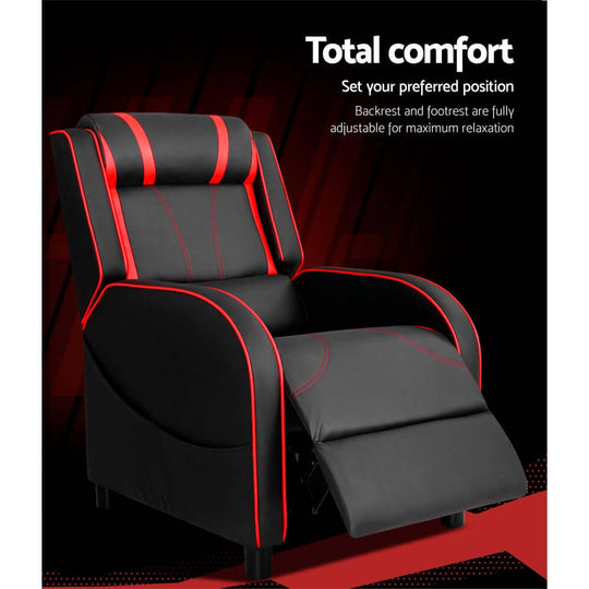 Artiss Gaming Recliner Chair in black and red, featuring adjustable backrest and footrest for ultimate comfort.