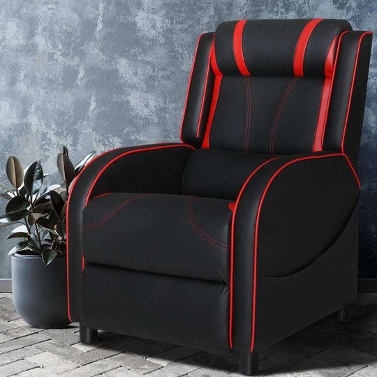 Artiss Recliner Chair in black and red leather, offering affordable, quality comfort for gaming and relaxation.