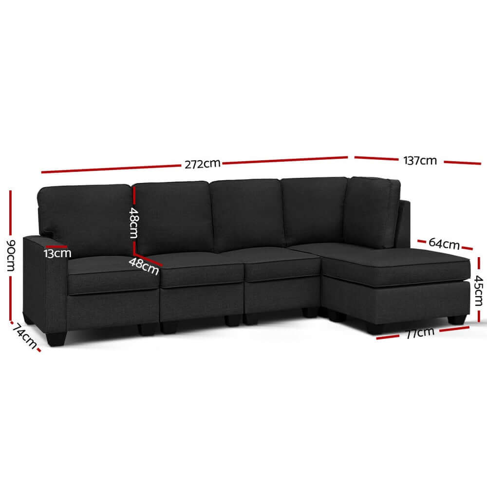 Artiss Modular Sofa Chaise Set dimensions showing 5-seater in Dark Grey, affordable quality DIY sofa for versatile styling.