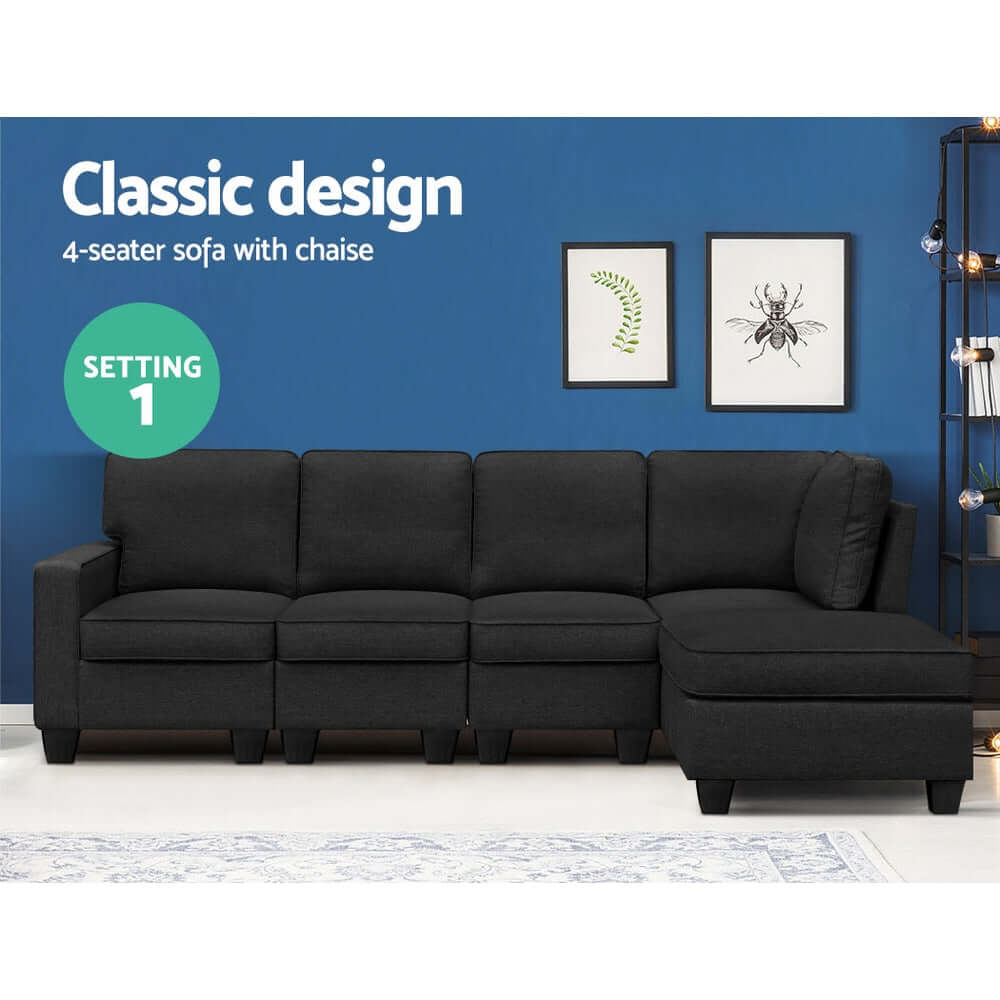 Artiss Modular 5-seater dark grey sofa chaise set, showcasing classic design and affordable quality for stylish DIY spaces.