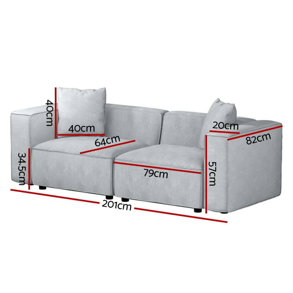 Artiss Modular 2-Seater Grey Sofa dimensions with detailed measurements for modern living rooms.