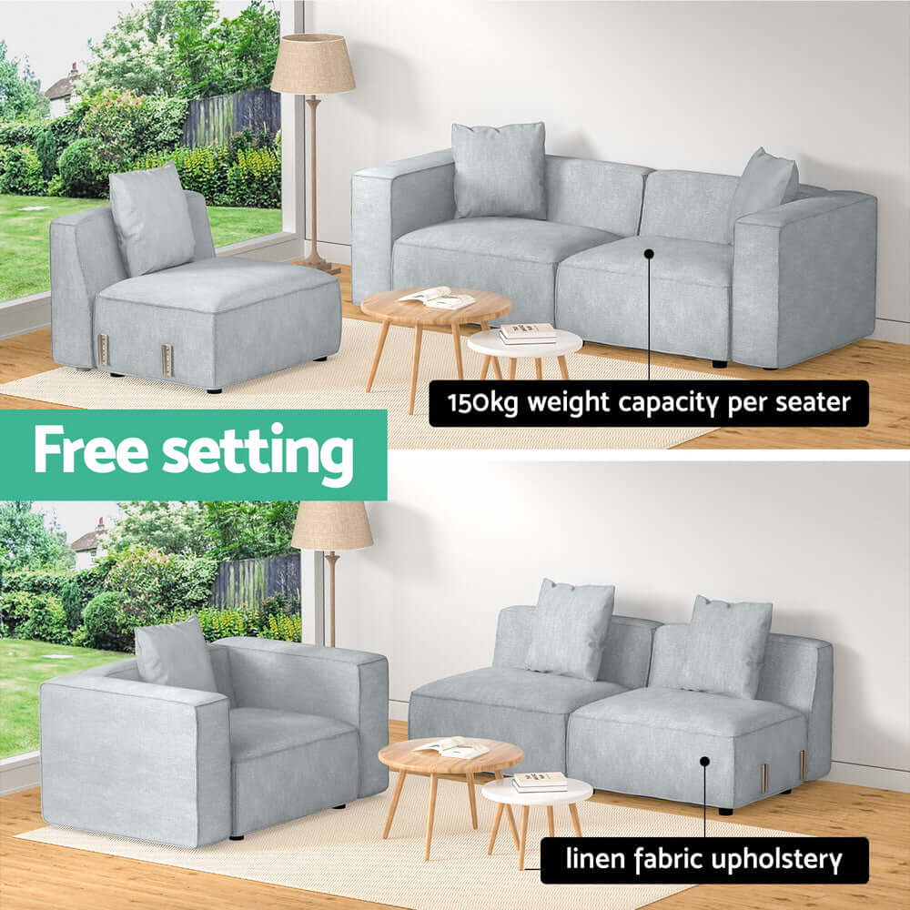 Artiss Modular Sofa Chaise Set in grey, showcasing free setting option and linen fabric upholstery.