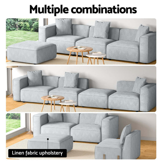 Artiss Modular Sofa Chaise Set in grey with multiple combinations, featuring soft linen fabric upholstery.