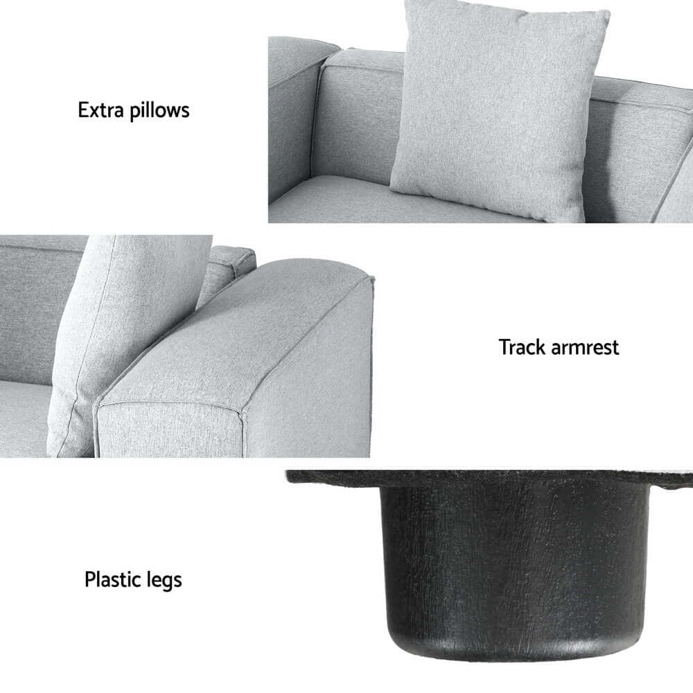 Details of Artiss Modular Sofa: extra pillows, track armrest, and sturdy plastic legs for quality support.