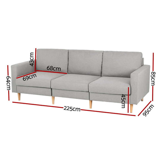 Artiss 3 Seater Sofa dimensions: 225cm x 95cm x 85cm in grey linen fabric with track armrests.