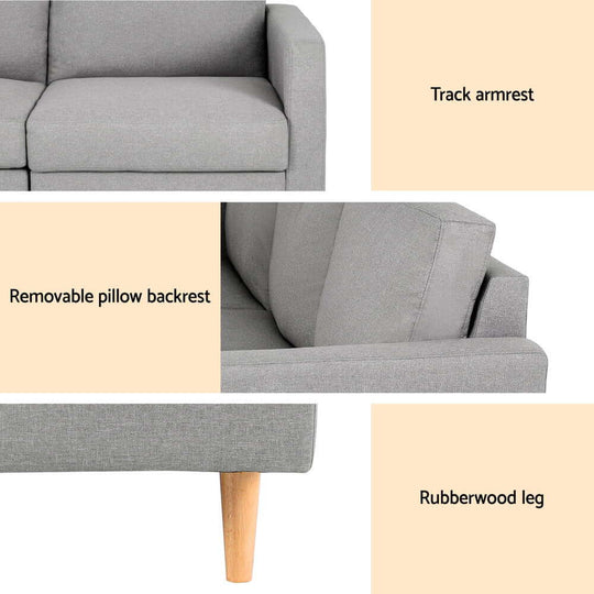 Artiss 3 Seater Sofa features: track armrest, removable pillow backrest, and rubberwood leg in grey linen fabric.