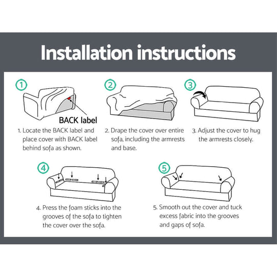 Installation instructions for Artiss 2 Seater Sofa Cover, step-by-step guide with illustrations for easy fitting.