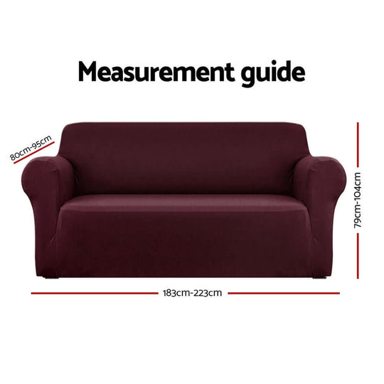 Measurement guide for Artiss 3 seater stretch burgundy sofa cover with dimensions labeled.