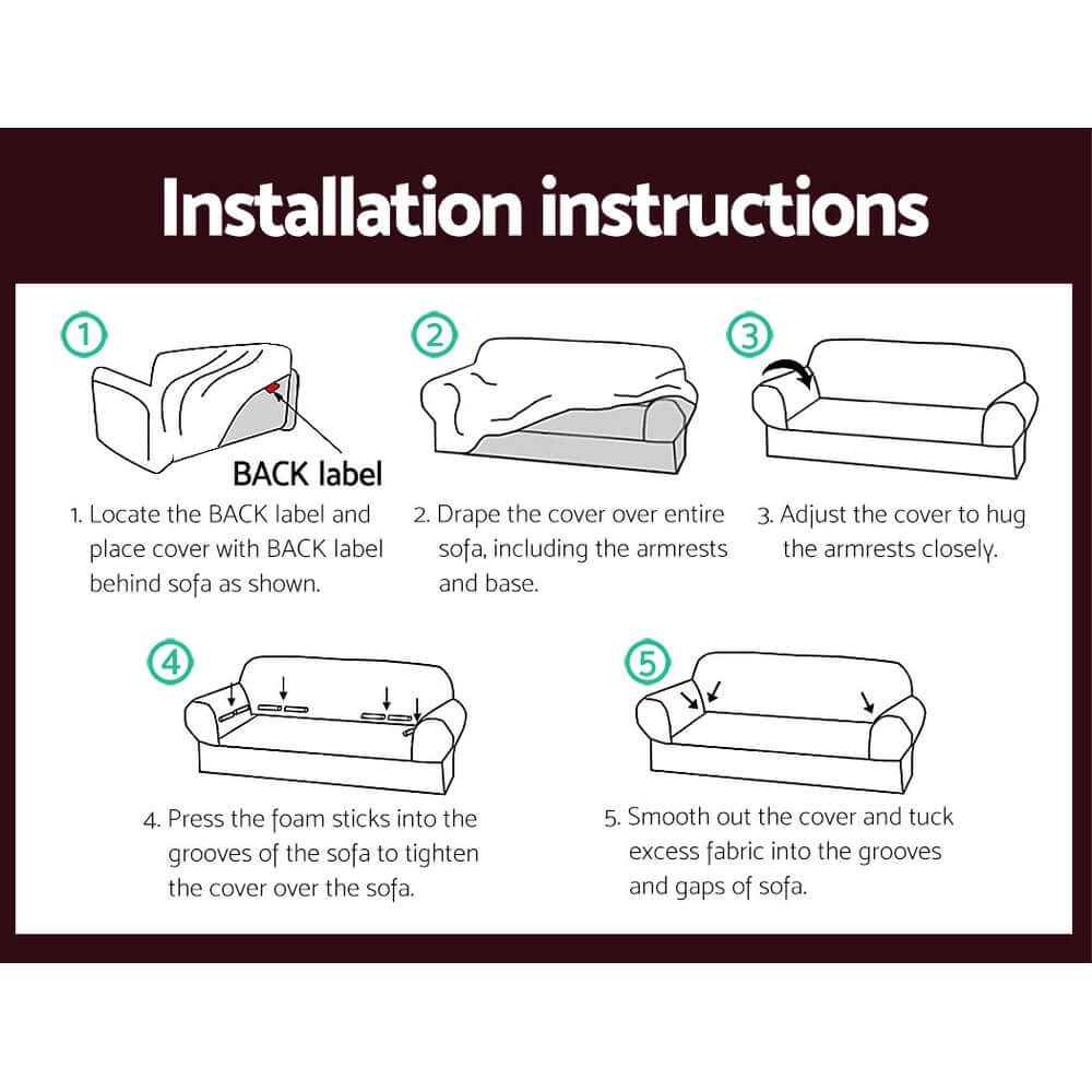 Installation instructions for Artiss 3 Seater Sofa Cover showing steps to fit securely and smoothly.