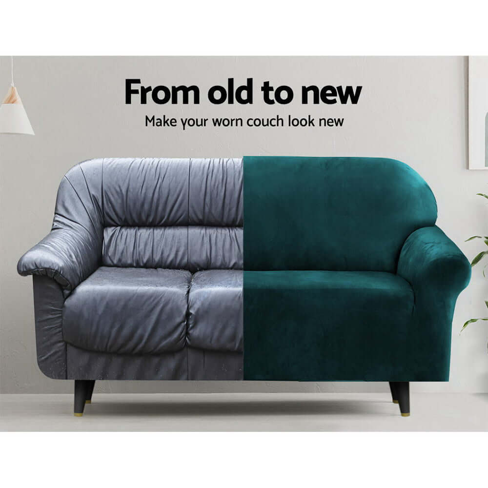 Transform your worn couch with Artiss velvet cover, showcasing a stunning agate green side next to a faded grey.