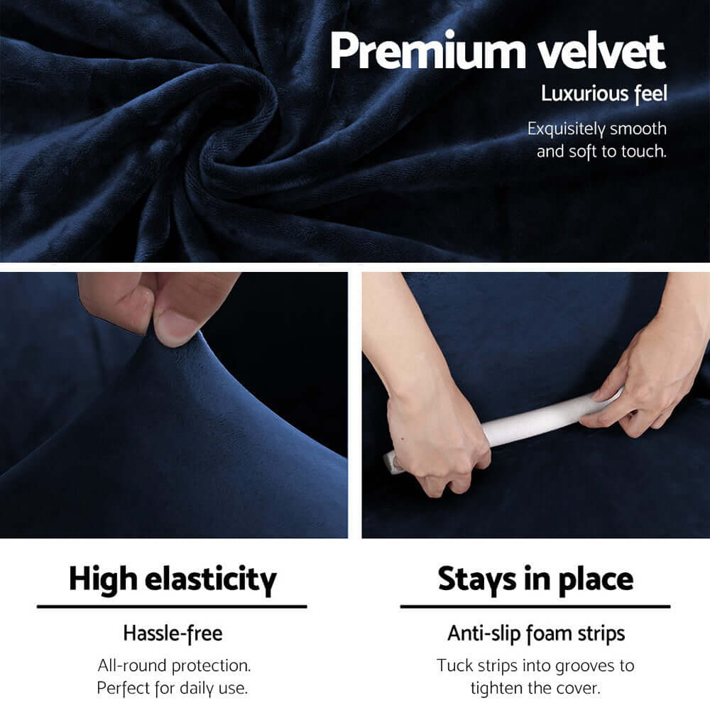 Premium velvet sofa cover details showing luxurious feel, high elasticity, and anti-slip foam strips for a secure fit.