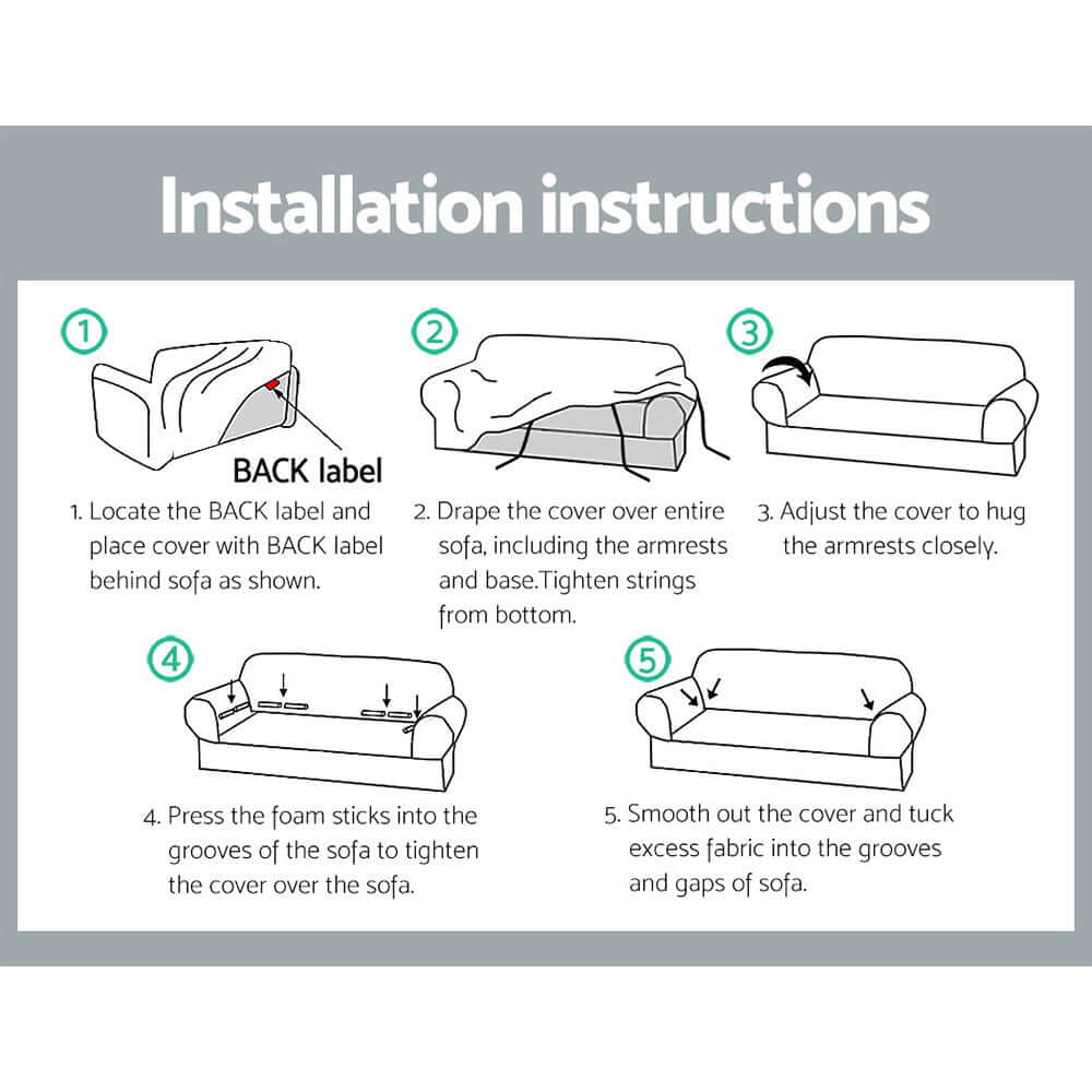 Installation instructions for Artiss velvet sofa cover, detailing step-by-step process for fitting and adjusting the cover.