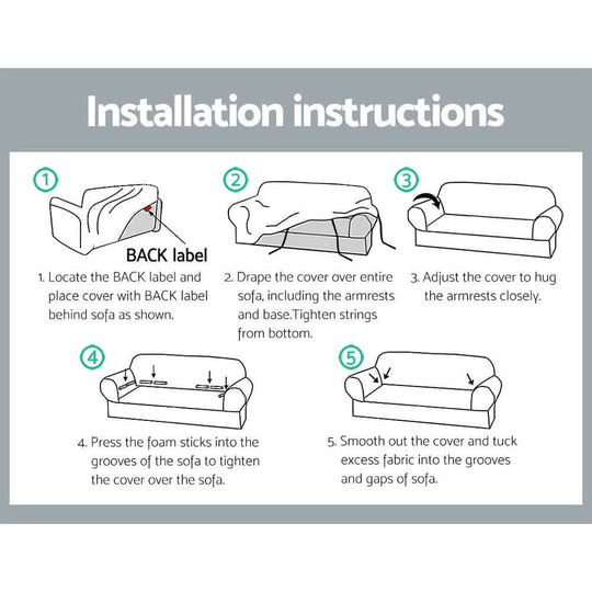 Installation instructions for Artiss velvet sofa cover, detailing step-by-step process for fitting and adjusting the cover.