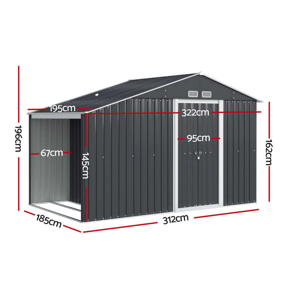 Giantz Garden Shed dimensions 3.22x1.96M with sloped roof, double sliding doors, and air vents for outdoor storage.