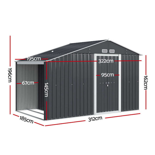 Giantz Garden Shed dimensions 3.22x1.96M with sloped roof, double doors, air vents for quality outdoor storage.