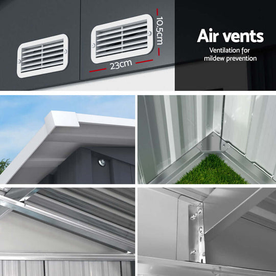 Giantz Garden Shed features air vents for ventilation, preventing mildew, with durable galvanized steel construction.