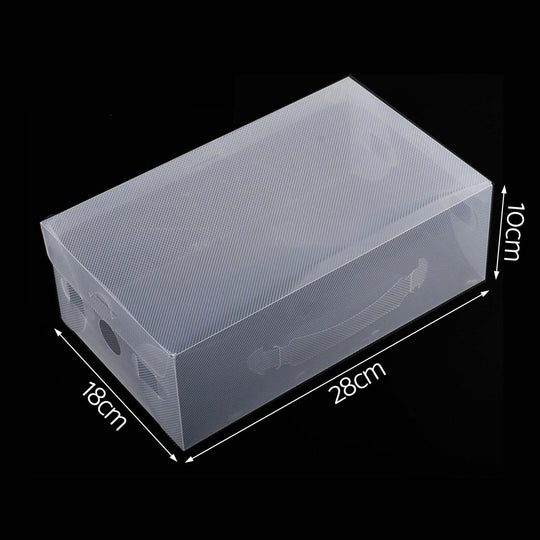 Artiss 20X clear shoe box storage case, stackable and portable design, measures 28cm x 18cm x 10cm for organized shoe storage.