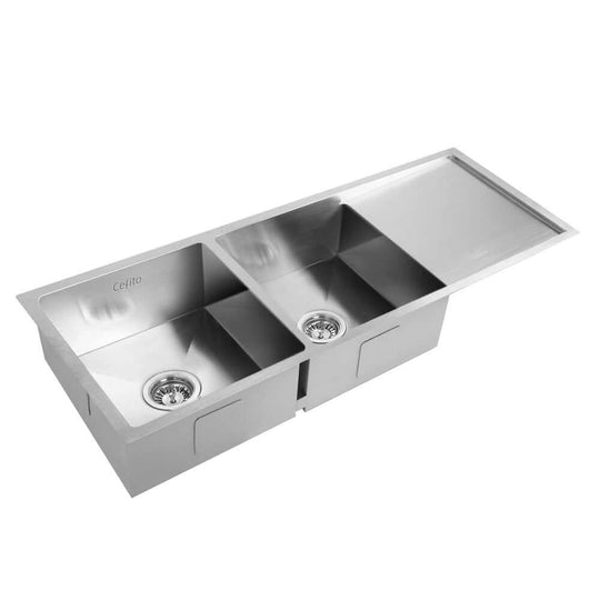 Cefito 111x45cm Stainless Steel Double Bowl Kitchen Sink – Food Grade 304, Satin-Coated, Scratch-Proof, Oil-Proof, Bacteria-Free