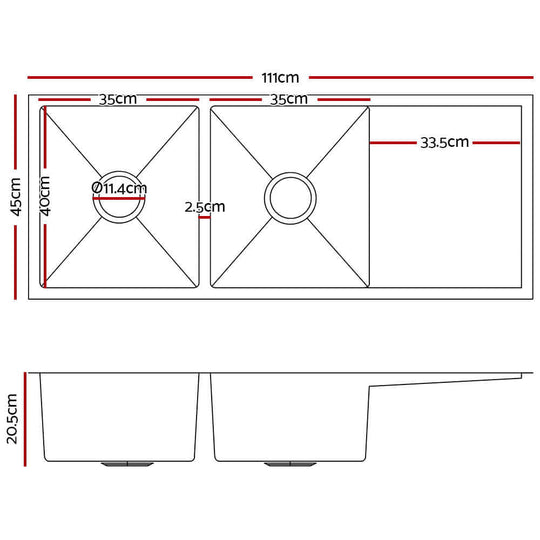 Diagram of Cefito Kitchen Sink 111x45CM Stainless Steel Basin Double Bowl, showing dimensions and layout.