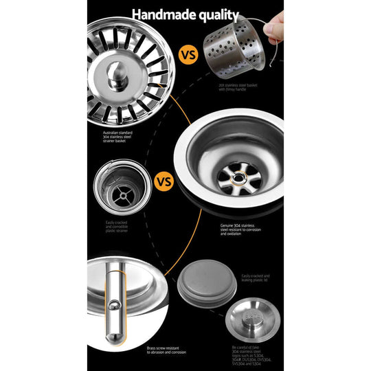 Handmade quality comparison of Cefito Kitchen Sink 111x45CM Stainless Steel Basin with genuine 304 stainless steel vs standard sink components.