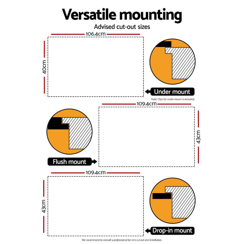 Diagram illustrating versatile mounting options for Cefito kitchen sink, including under mount, flush mount, and drop-in mount with cut-out sizes.