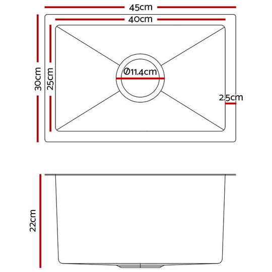 Dimensions of Cefito Handmade Stainless Steel Sink with Single Bowl - 45cm x 30cm, 22cm depth, 2.5cm rim, 11.4cm drain diameter.