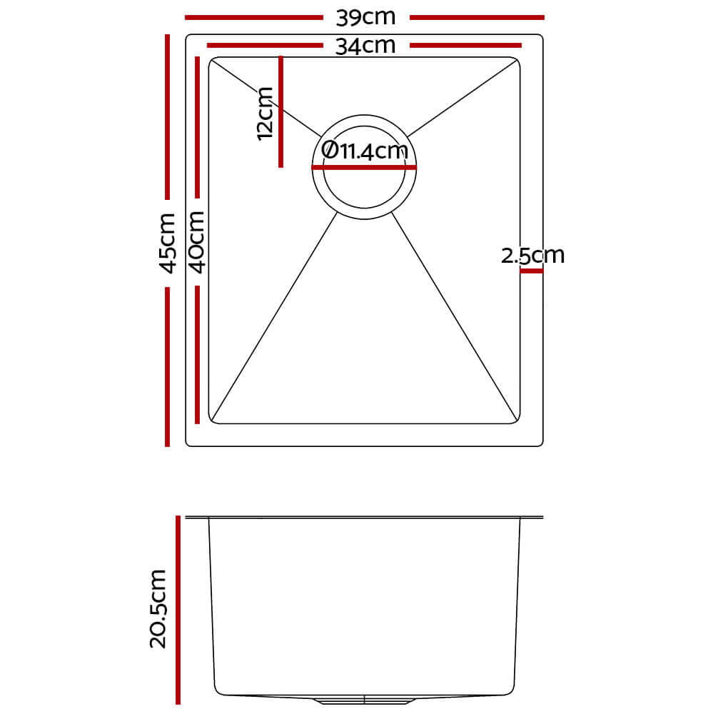 Diagram with measurements of Cefito Kitchen Sink 45X39CM Stainless Steel Single Bowl in Silver.