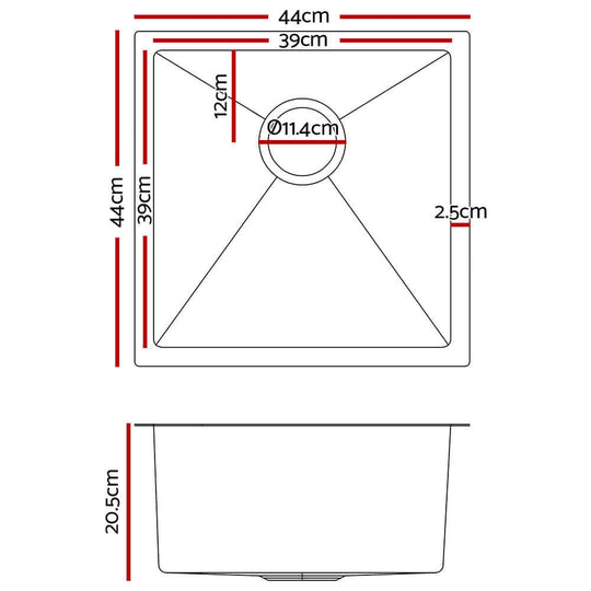 Diagram showing dimensions of Cefito Kitchen Sink 44x44cm Stainless Steel Basin, including measurements: top view 44cm x 44cm, depth 20.5cm.