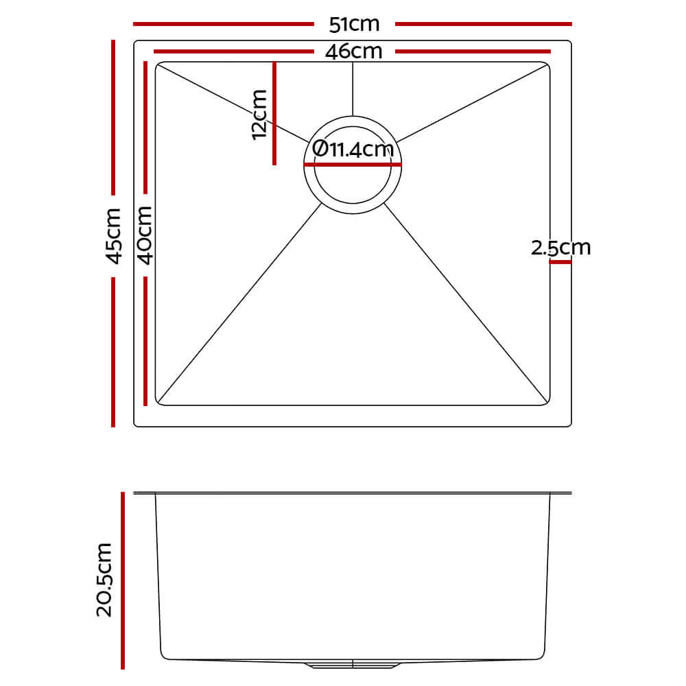 Diagram of Cefito Kitchen Sink 51X45CM, showing dimensions and measurements of stainless steel single bowl basin.