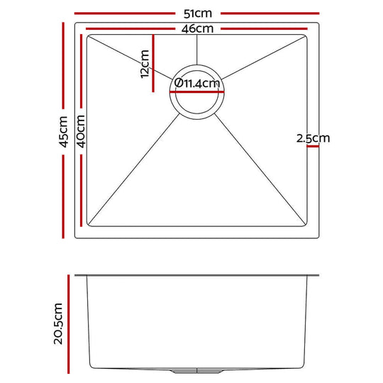 Diagram of Cefito Kitchen Sink 51X45CM, showing dimensions and measurements of stainless steel single bowl basin.