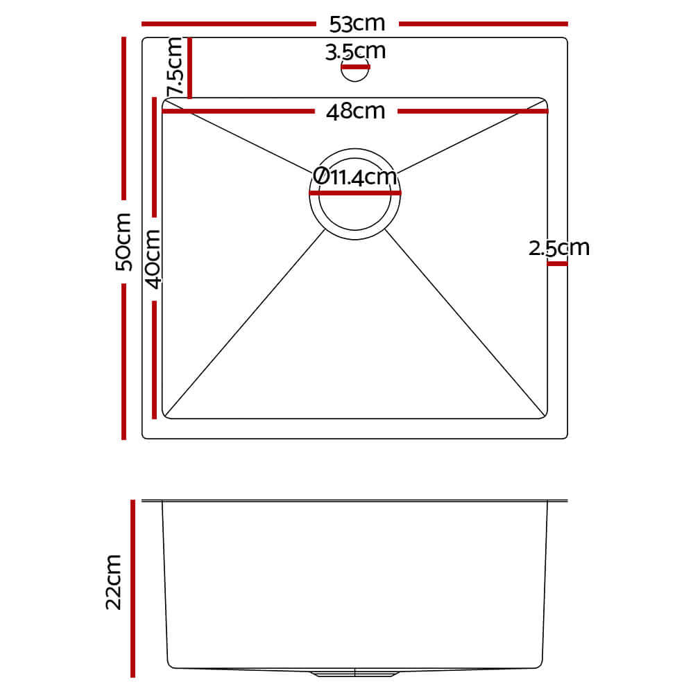 Diagram of Cefito Kitchen Sink with dimensions 53x50x22cm, showing precise measurements for installation.