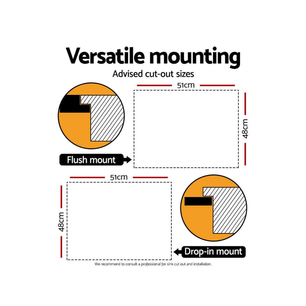 Illustrated guide of versatile mounting options for Cefito kitchen sink, showing advised cut-out sizes with flush mount and drop-in mount options.