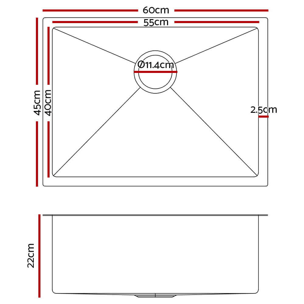 Diagram of Cefito Kitchen Sink 60X45CM Stainless Steel Basin Single Bowl with dimensions and measurements in centimeters