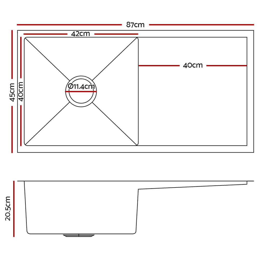 Dimensions of Cefito Stainless Steel Kitchen Sink 87x45cm with Single Bowl and 20.5cm Depth