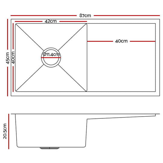 Dimensions of Cefito Stainless Steel Kitchen Sink 87x45cm with Single Bowl and 20.5cm Depth