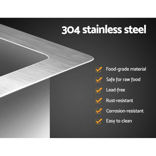 304 stainless steel kitchen sink features rust-resistant, corrosion-resistant, lead-free, food-grade material; safe for raw food, easy to clean.