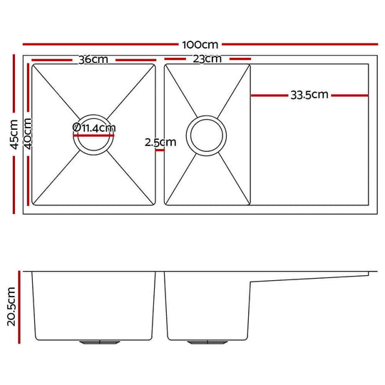 Dimensions diagram for Cefito 100x45cm double bowl stainless steel kitchen sink in black, showing measurements and bowl configuration.