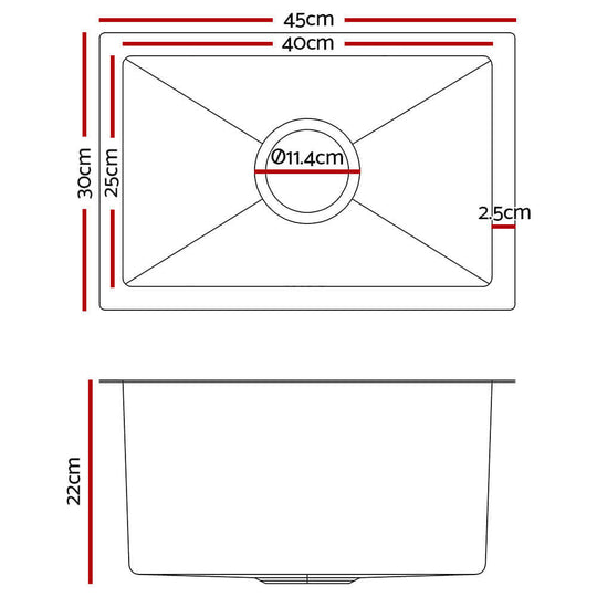 Dimensions diagram of Cefito Kitchen Sink 45x30CM Stainless Steel Single Bowl, showing width, height, and depth measurements in centimeters.