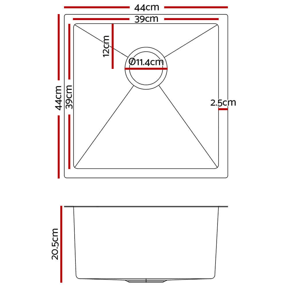 Dimensions diagram of Cefito 44x44cm stainless steel single bowl kitchen sink in black with measurements in centimeters