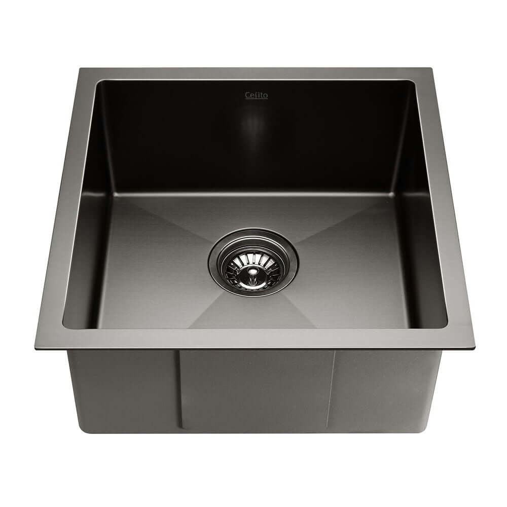 Cefito Kitchen Sink 44x44cm Single Bowl, Stainless Steel, Black Nano-Coated for Scratch and Bacteria Resistance