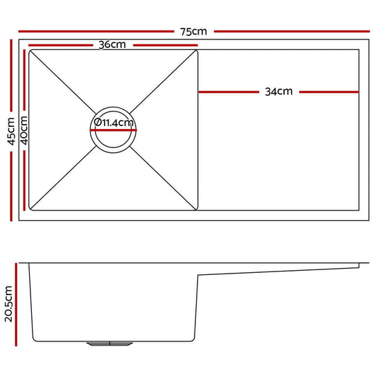 Dimensions diagram for Cefito Kitchen Sink 75x45CM Stainless Steel Basin Single Bowl Laundry Black with measurements and side view.