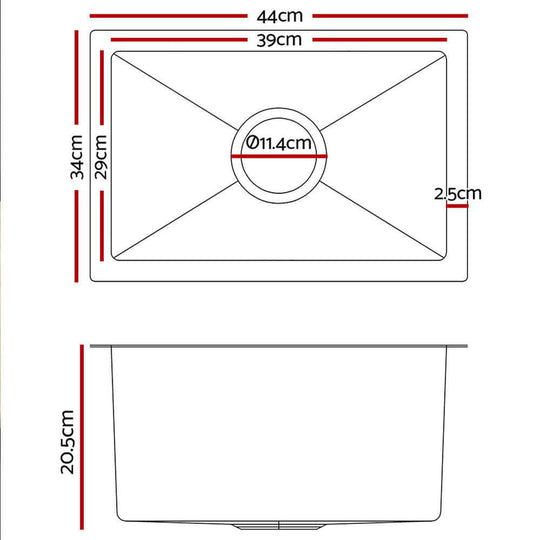 Schematic dimensions of Cefito stainless steel kitchen sink basin with 44x34cm bowl, X-flume design, anti-scratch, anti-oil, and bacteria-free surface