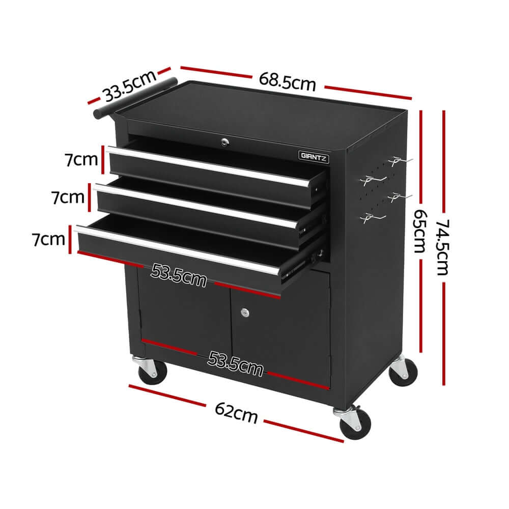 Giantz 3 Drawer Tool Box Chest with measurements, durable steel design, affordable tool storage for DIY enthusiasts.