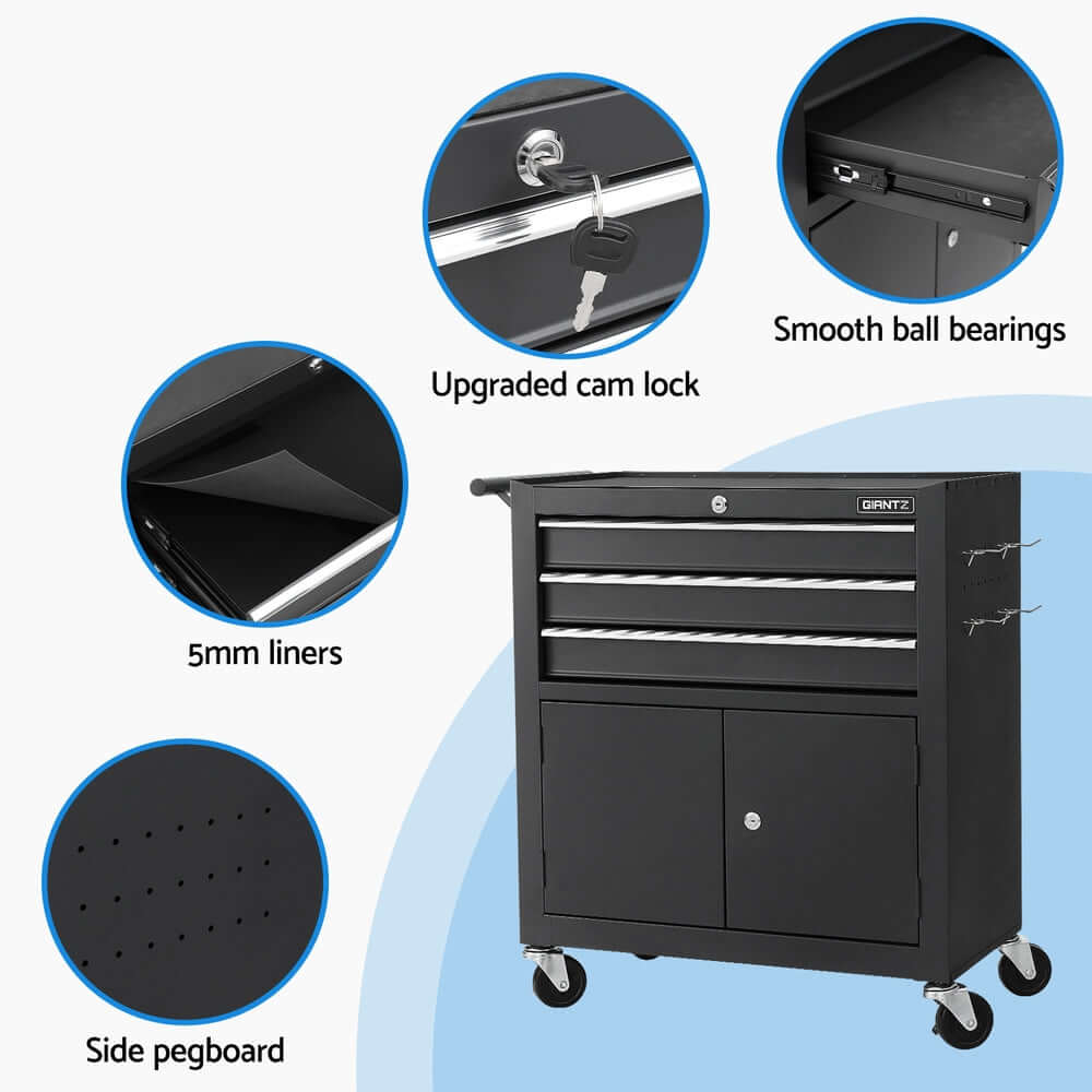 Giantz 3 Drawer Tool Box features upgraded cam lock, smooth ball bearings, 5mm liners, and side pegboard for organized storage.